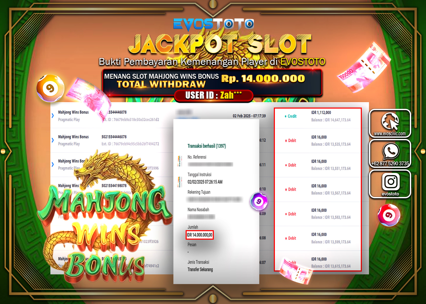 PEMBAYARAN JACKPOT SLOT MAHJONG WINS BONUS Rp.14.000.000 DI BAYAR LANGSUNG !