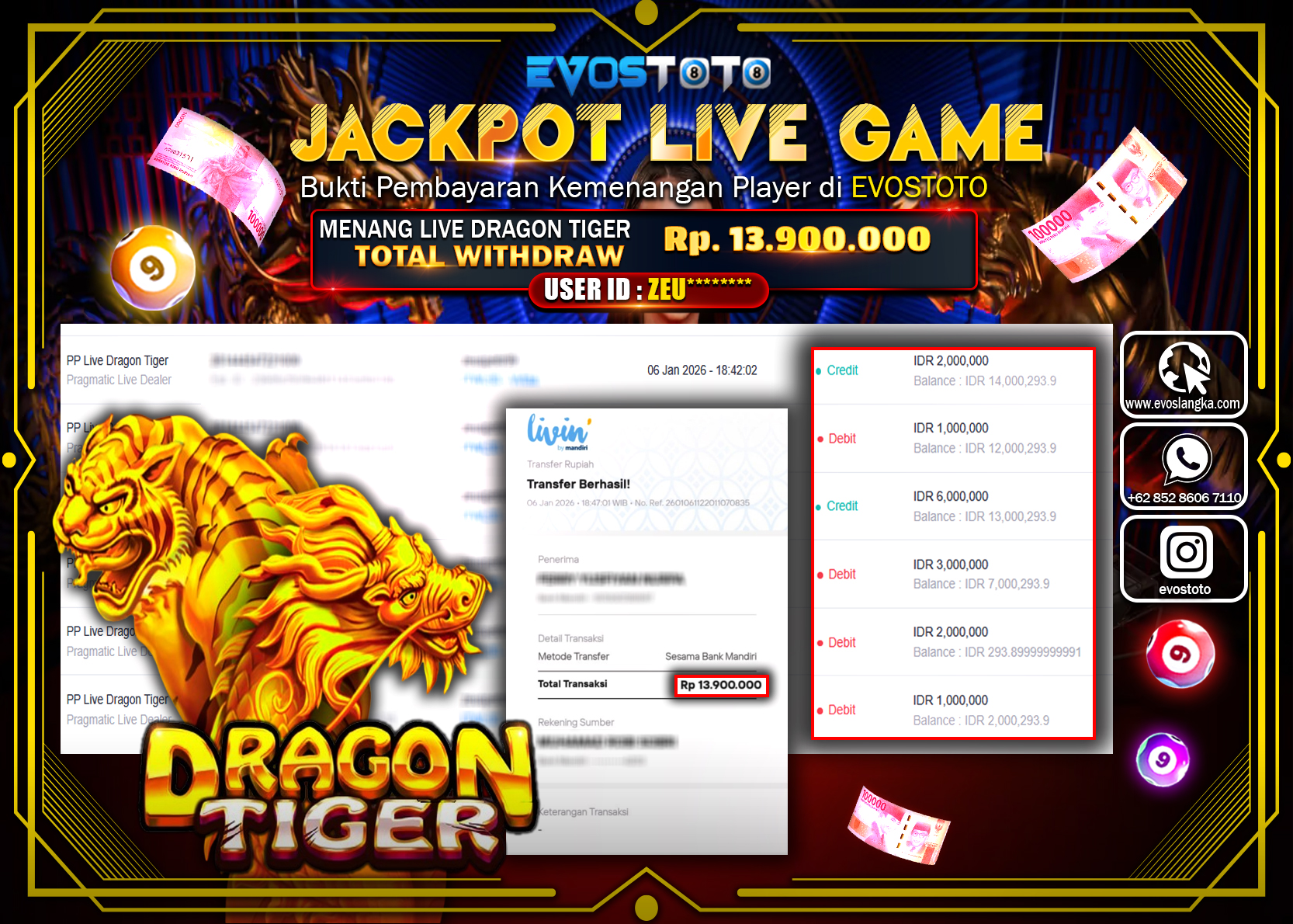 PEMBAYARAN JACKPOT LIVE GAME DRAGON TIGER Rp.13.900.000 DI BAYAR LANGSUNG !