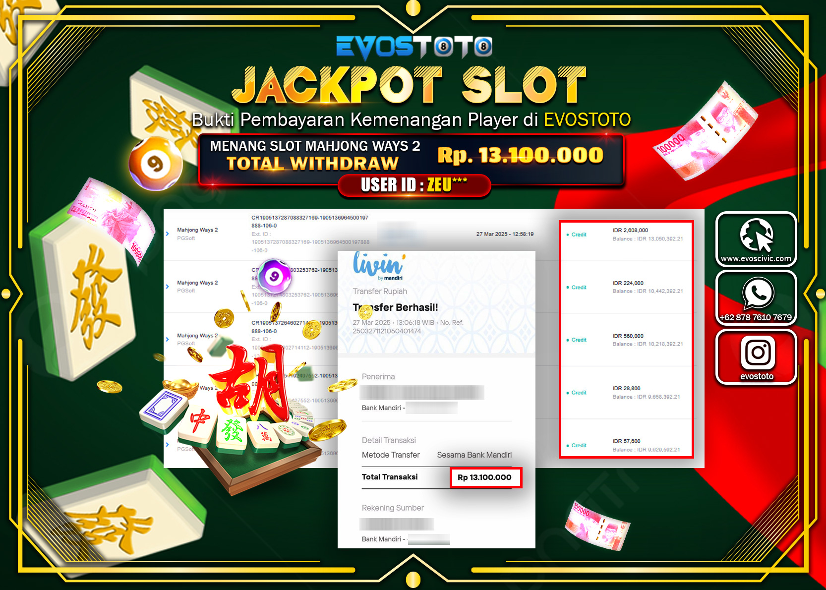 PEMBAYARAN JACKPOT SLOT MAHJJONG WAYS 2 Rp.13.100.000 DI BAYAR LANGSUNG !